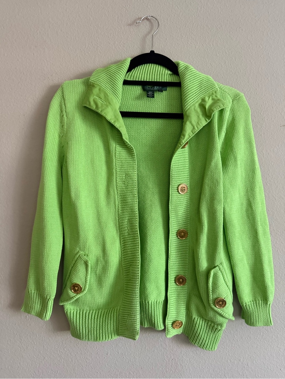 LAUREN RALPH LAUREN Petite Lime Green Cotton Cardigan Sweater Jacket P/S - Picture 2 of 7